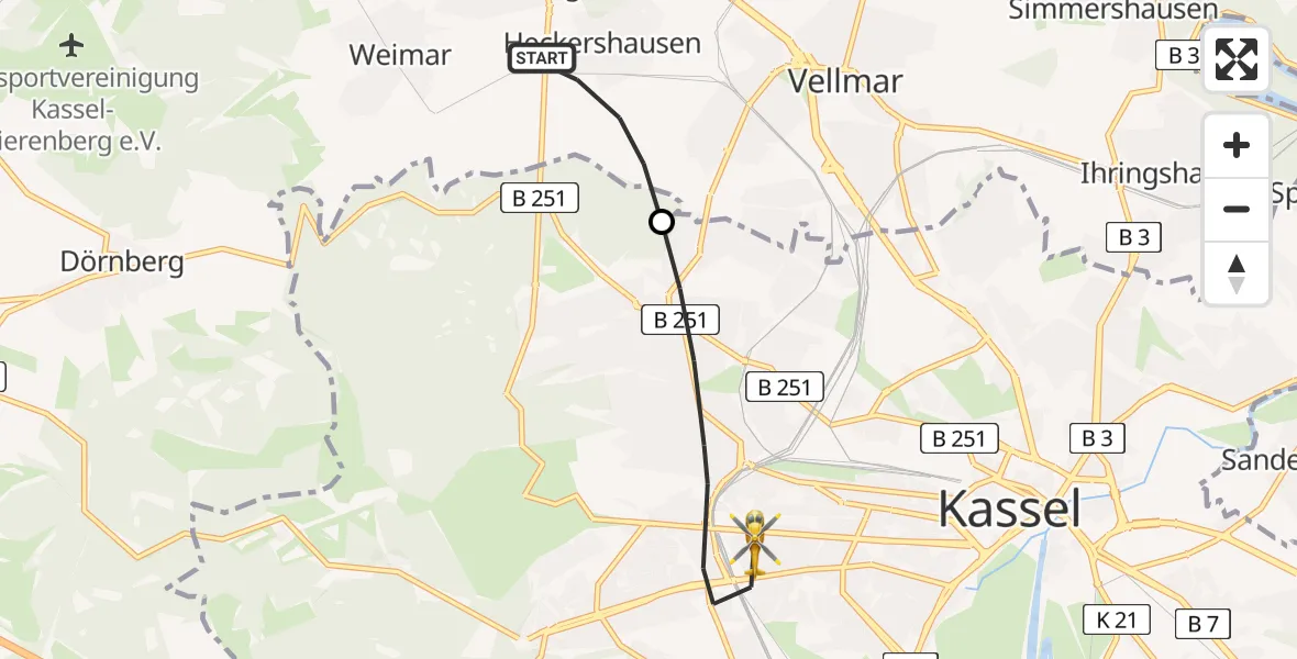 Flugroute Rettungshubschrauber Ahnatal - Kassel, 14 Juli 2026, 09:37