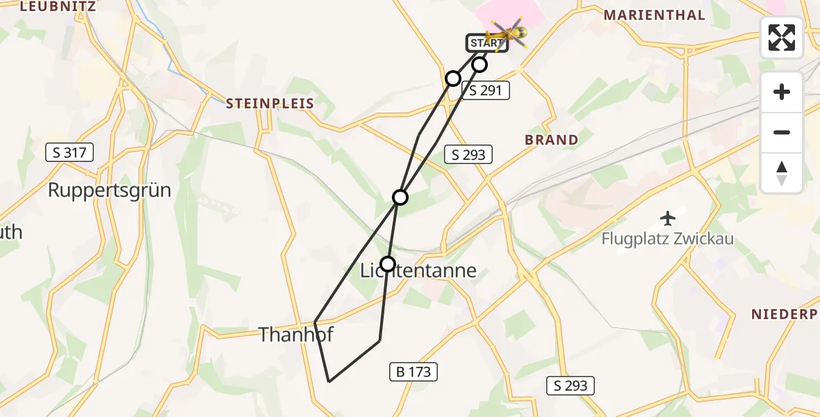 Flugroute Rettungshubschrauber ADAC Air Rescue Station Zwickau Hubschrauberlandeplatz - ADAC Air Rescue Station Zwickau Hubschrauberlandeplatz, 14 Juli 2026, 09:38
