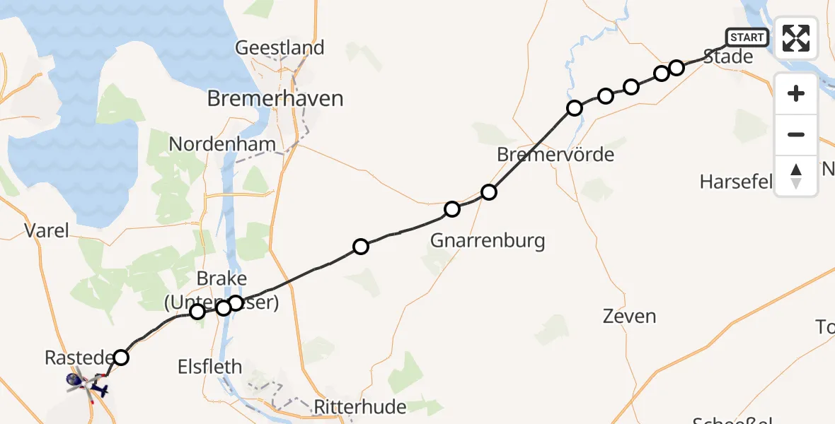 Flugroute Polizeihubschrauber Stade - Oldenburg Police Hubschrauberlandeplatz, 14 Juli 2026, 09:40