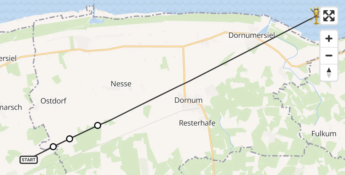 Flugroute Ambulanzhubschrauber Hage - Dornum, 14 Juli 2026, 09:44