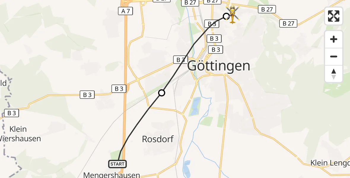 Flugroute Rettungshubschrauber Rosdorf - Göttingen University Clinic Hubschrauberlandeplatz, 14 Juli 2026, 09:52