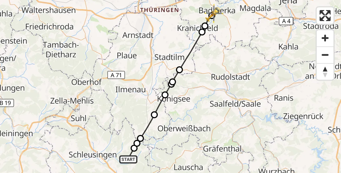 Flugroute Rettungshubschrauber Masserberg - Bad Berka Central Hospital, 14 Juli 2026, 09:51