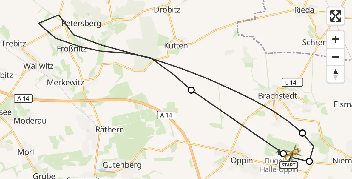 Flugroute Rettungshubschrauber Halle-Oppin Flugplatz - Halle-Oppin Flugplatz, 14 Juli 2026, 09:53
