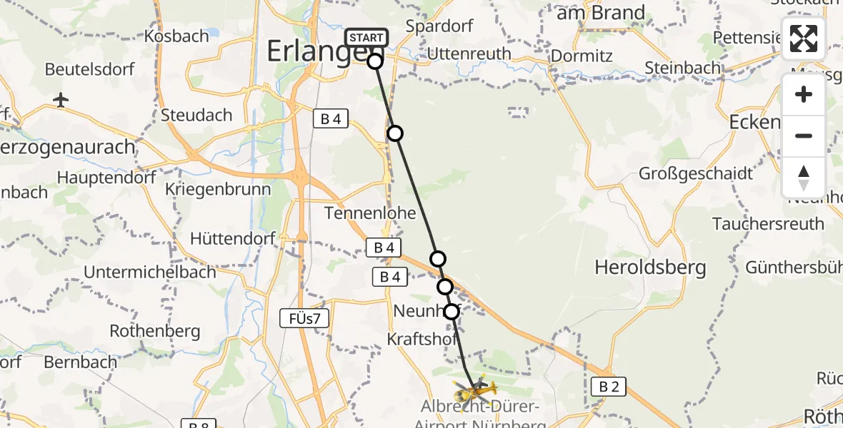 Flugroute Ambulanzhubschrauber Erlangen University Hospital Ebrardstraße - Flughafen Nuremberg, 14 Juli 2026, 09:55