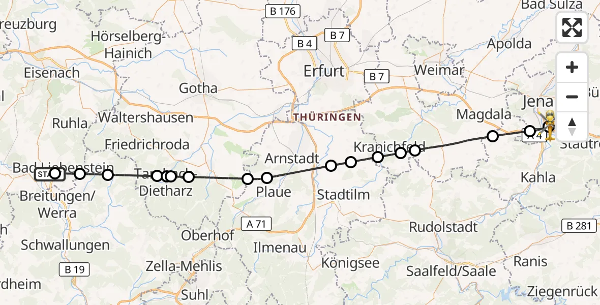 Flugroute Ambulanzhubschrauber Barchfeld-Immelborn - Jena University Hospital, 14 Juli 2026, 09:57