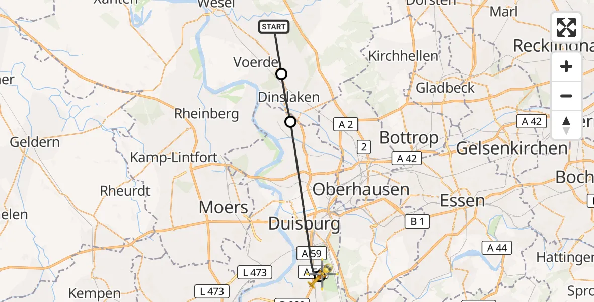 Flugroute Rettungshubschrauber Hünxe - Duisburg Air Rescue Hubschrauberlandeplatz (Christoph 9), 14 Juli 2026, 09:57