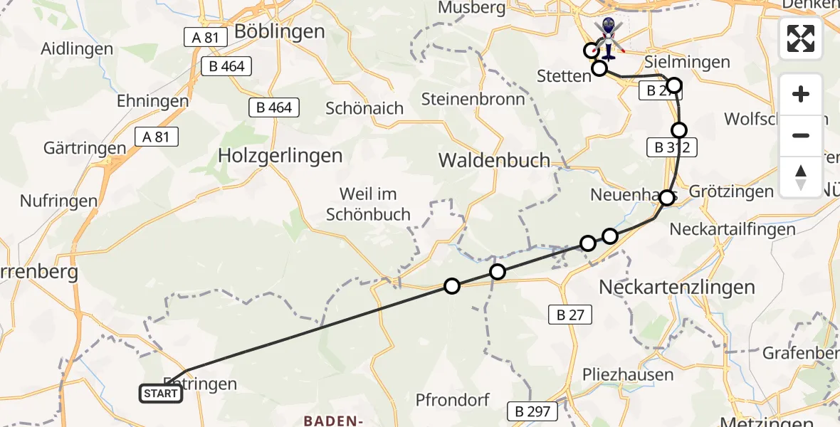 Flugroute Polizeihubschrauber Ammerbuch - Flughafen Stuttgart, 14 Juli 2026, 10:00