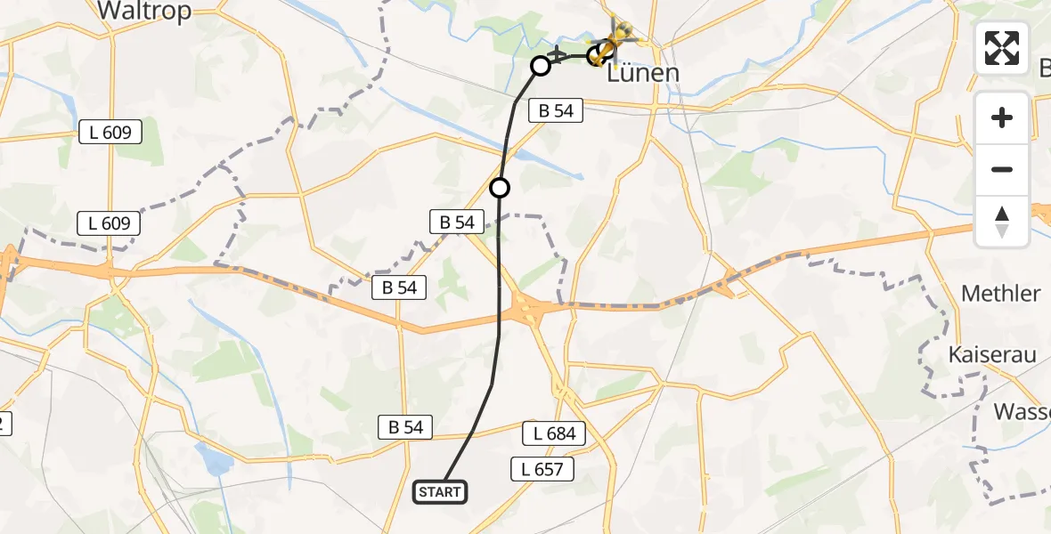 Flugroute Rettungshubschrauber Dortmund - Sankt Marien Hospital, 14 Juli 2026, 10:03