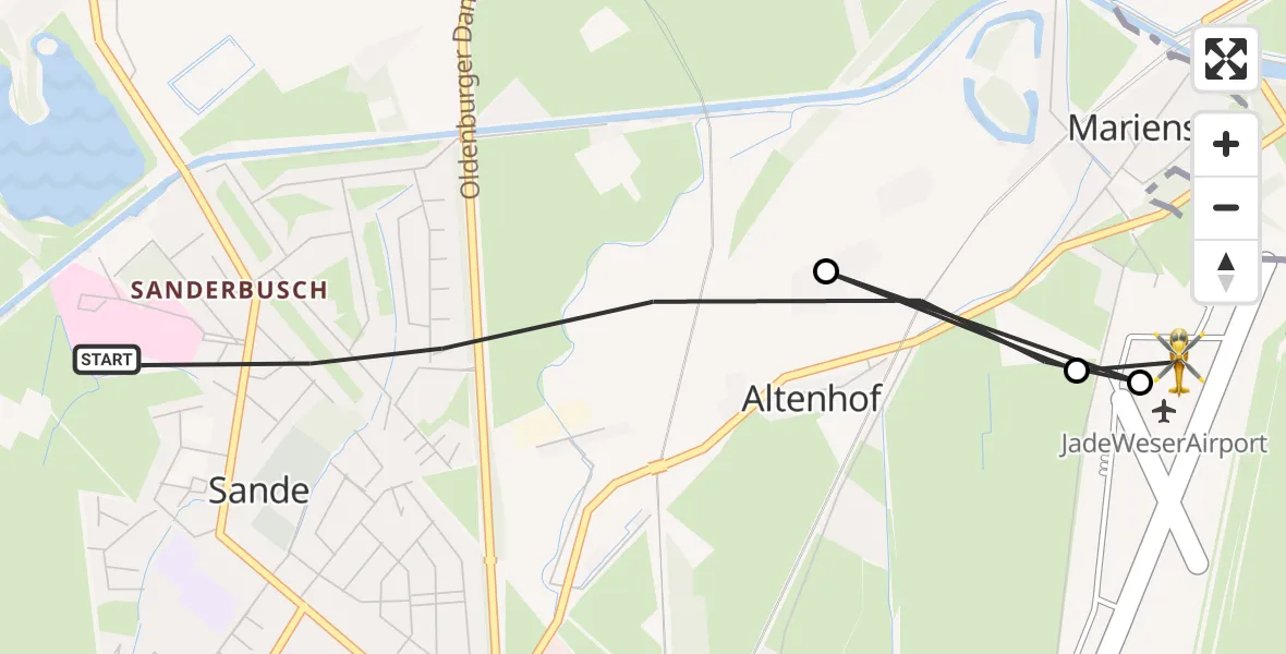 Flugroute Rettungshubschrauber Sande - JadeWeser Flughafen, 14 Juli 2026, 10:03