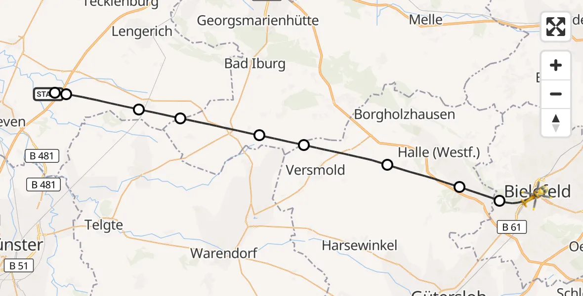 Flugroute Ambulanzhubschrauber Christoph  Westfalen-ADAC - Bielefeld, 14 Juli 2026, 10:11