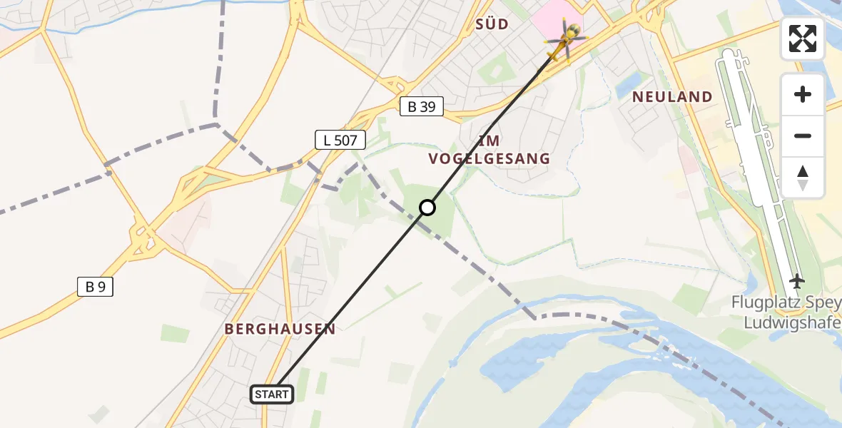 Flugroute Rettungshubschrauber Römerberg - Speyer, 14 Juli 2026, 10:12
