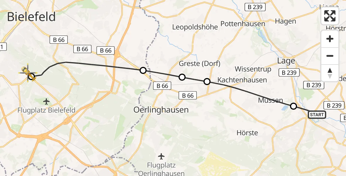 Flugroute Rettungshubschrauber Detmold - Luftrettungszentrum Bielefeld, 14 Juli 2026, 10:17