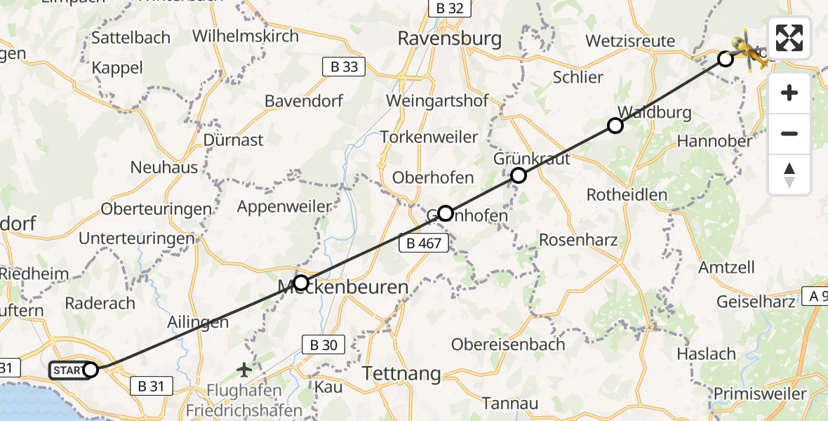 Flugroute Rettungshubschrauber Friedrichshafen Hospital - Vogt, 14 Juli 2026, 10:18