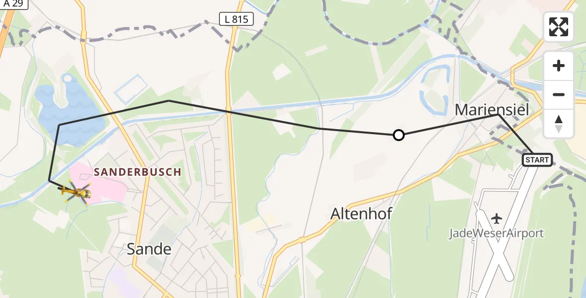 Flugroute Rettungshubschrauber Wilhelmshaven - Sande, 14 Juli 2026, 10:20