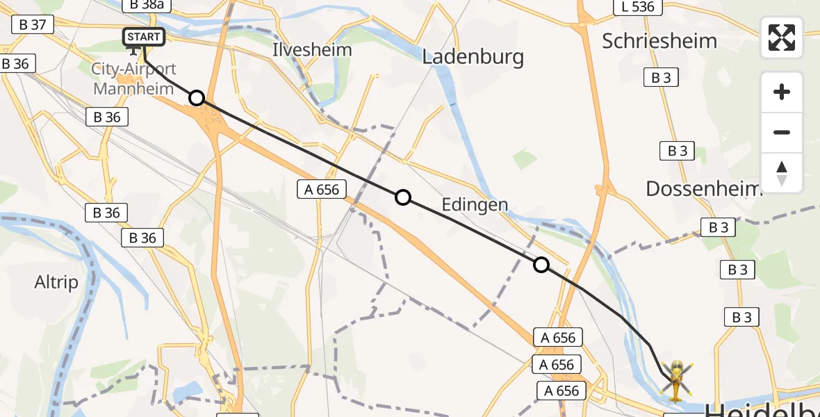 Flugroute Rettungshubschrauber Mannheim-City Flughafen - Heidelberg, 14 Juli 2026, 10:21