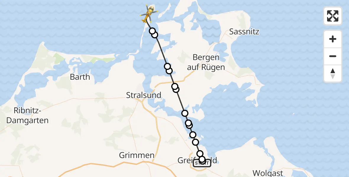 Flugroute Rettungshubschrauber Greifswald Hospital - Insel Hiddensee, 14 Juli 2026, 10:24
