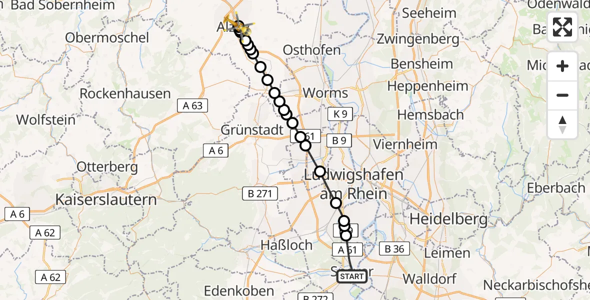 Flugroute Rettungshubschrauber Speyer - Alzey, 14 Juli 2026, 10:26