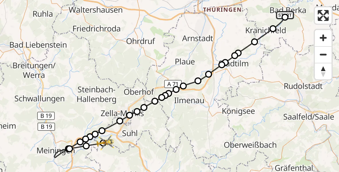 Flugroute Rettungshubschrauber Bad Berka Central Hospital - Schmeheim, 14 Juli 2026, 10:36