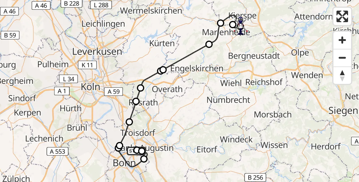 Flugroute Polizeihubschrauber Sankt Augustin - Meinerzhagen Flugplatz, 14 Juli 2026, 10:44