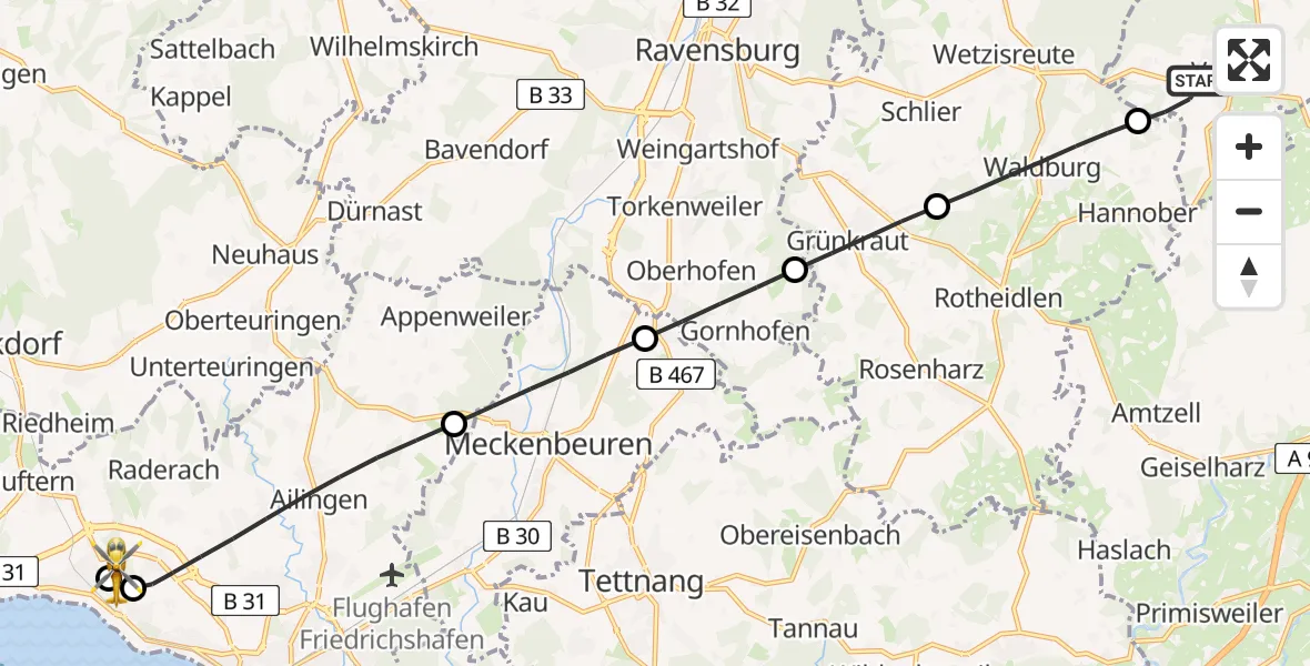 Flugroute Rettungshubschrauber Vogt - Friedrichshafen Hospital, 14 Juli 2026, 10:47