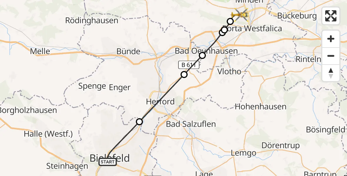 Flugroute Ambulanzhubschrauber Bielefeld - Minden, 14 Juli 2026, 10:49