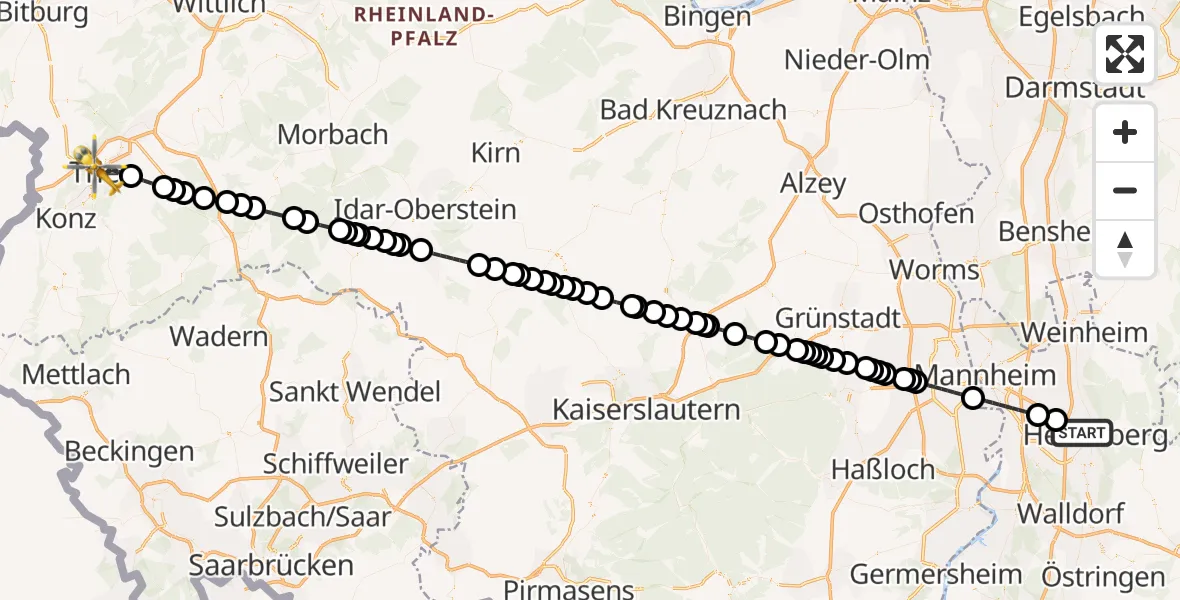 Flugroute Rettungshubschrauber Heidelberg - Trier, 14 Juli 2026, 10:53