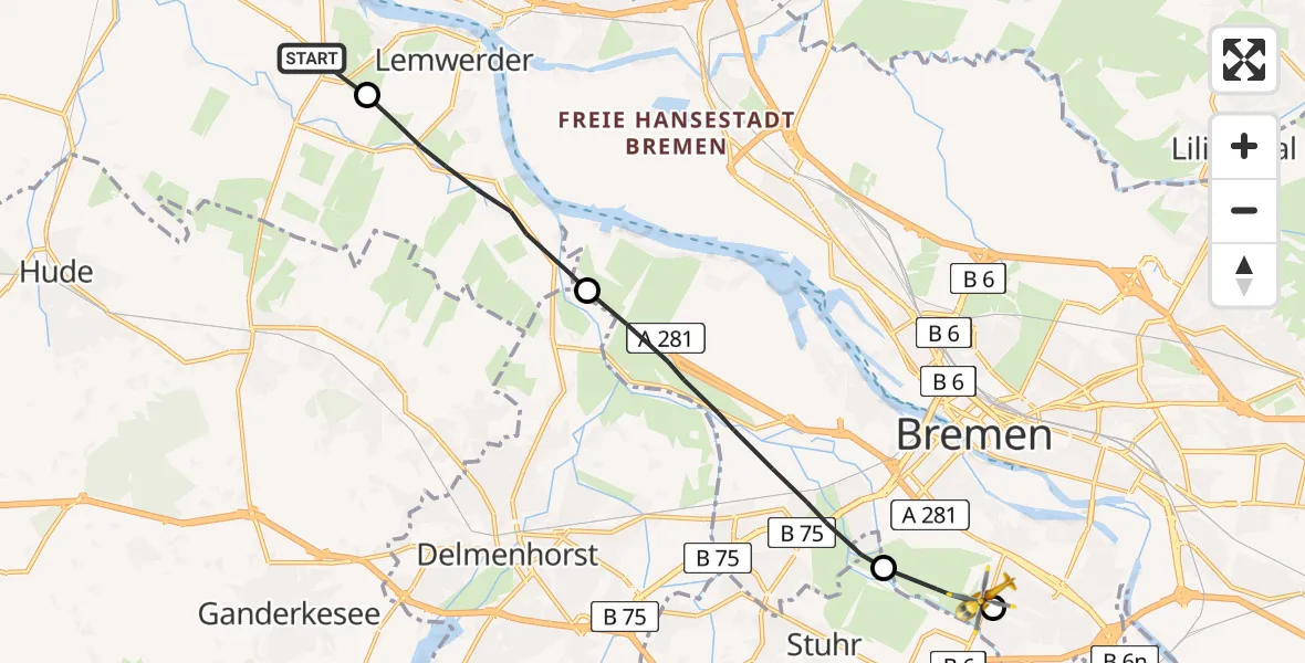 Flugroute Rettungshubschrauber Berne - ADAC Air Rescue Station Bremen Hubschrauberlandeplatz (Christoph 6), 14 Juli 2026, 10:55