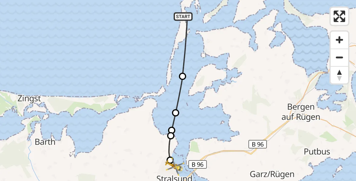 Flugroute Rettungshubschrauber Insel Hiddensee - Stralsund, 14 Juli 2026, 11:01