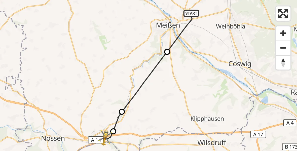 Flugroute Rettungshubschrauber Meißen - Nossen, 14 Juli 2026, 11:05