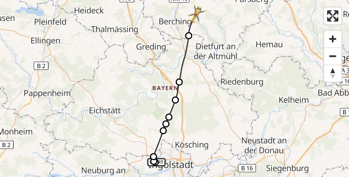 Flugroute Rettungshubschrauber Ingolstadt Hospital - Berching, 14 Juli 2026, 11:08