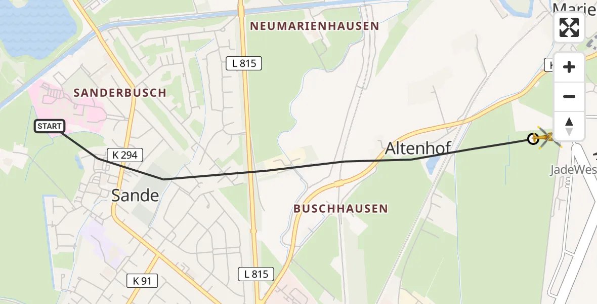 Flugroute Ambulanzhubschrauber Sande - JadeWeser Flughafen, 14 Juli 2026, 11:10