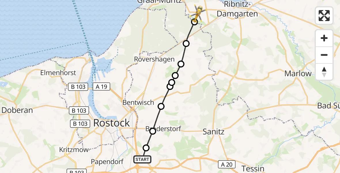 Flugroute Ambulanzhubschrauber Dummerstorf - Ribnitz-Damgarten, 14 Juli 2026, 11:13