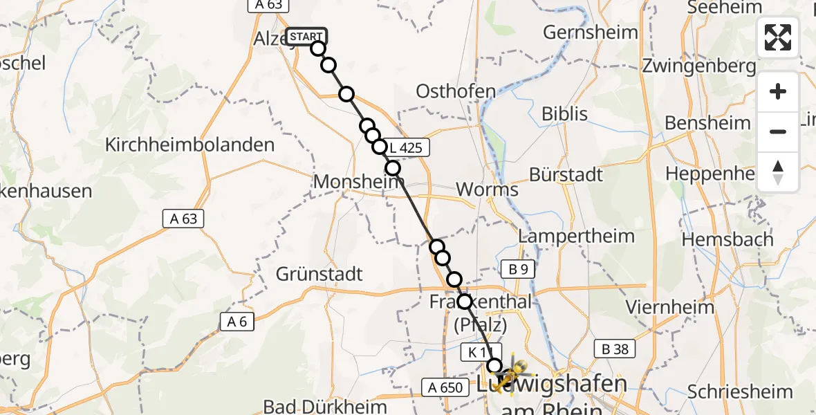 Flugroute Rettungshubschrauber Alzey - Ludwigshafen Accident Hospital, 14 Juli 2026, 11:17