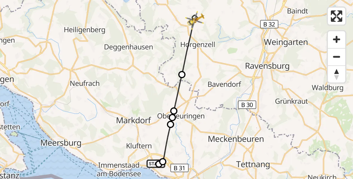 Flugroute Rettungshubschrauber Friedrichshafen Hospital - Horgenzell, 14 Juli 2026, 11:23
