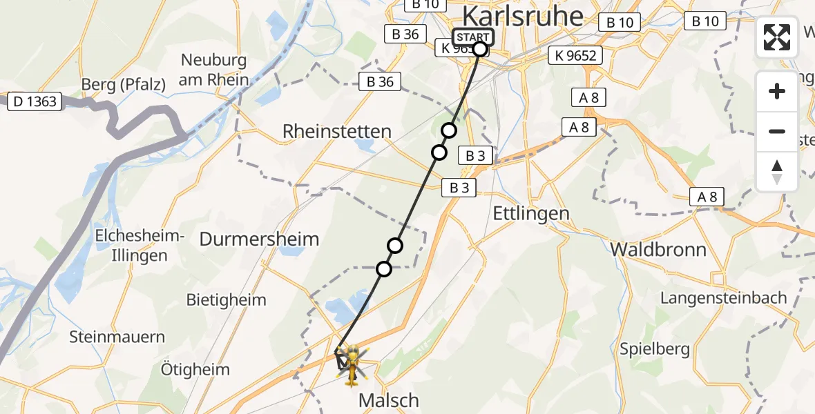 Flugroute Ambulanzhubschrauber Sankt Vincentius Hospital - Malsch, 14 Juli 2026, 11:26