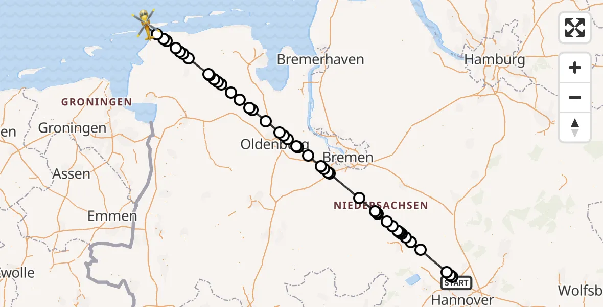 Flugroute Rettungshubschrauber Flughafen Hannover - Noordzee, 14 Juli 2026, 11:27
