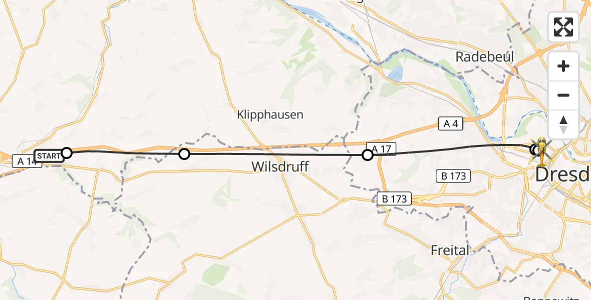 Flugroute Rettungshubschrauber Nossen - Dresden Friedrichstadt Hospital, 14 Juli 2026, 11:34