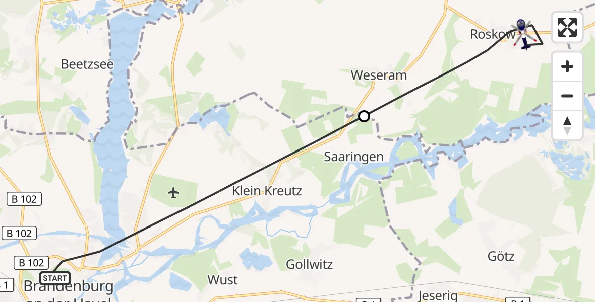 Flugroute Polizeihubschrauber Brandenburg an der Havel - Roskow, 14 Juli 2026, 11:40