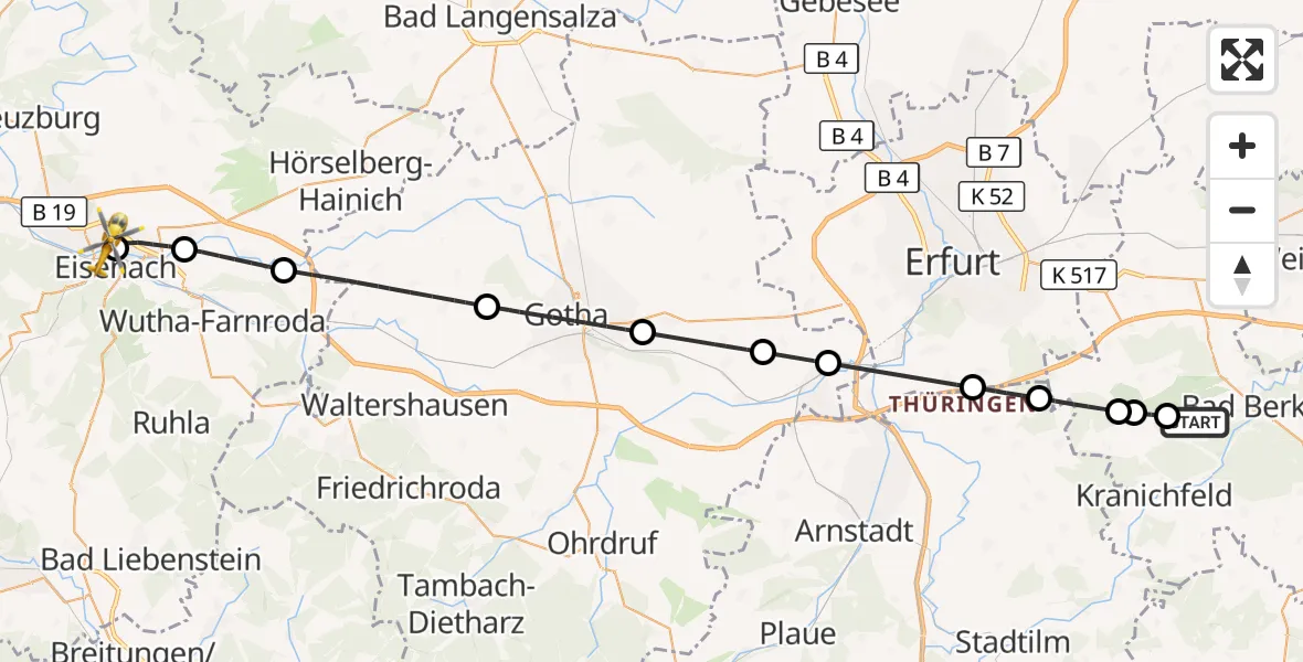 Flugroute Ambulanzhubschrauber Bad Berka - Sankt Georg Hospital Eisenach Hubschrauberlandeplatz, 14 Juli 2026, 11:47