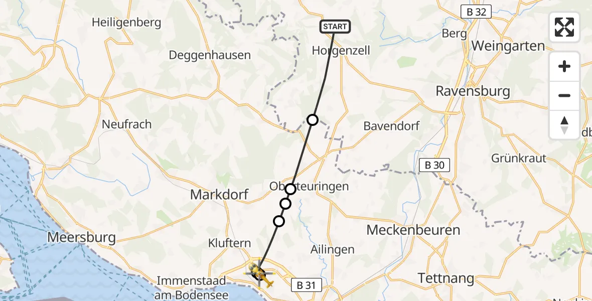 Flugroute Rettungshubschrauber Horgenzell - Friedrichshafen Hospital, 14 Juli 2026, 11:52
