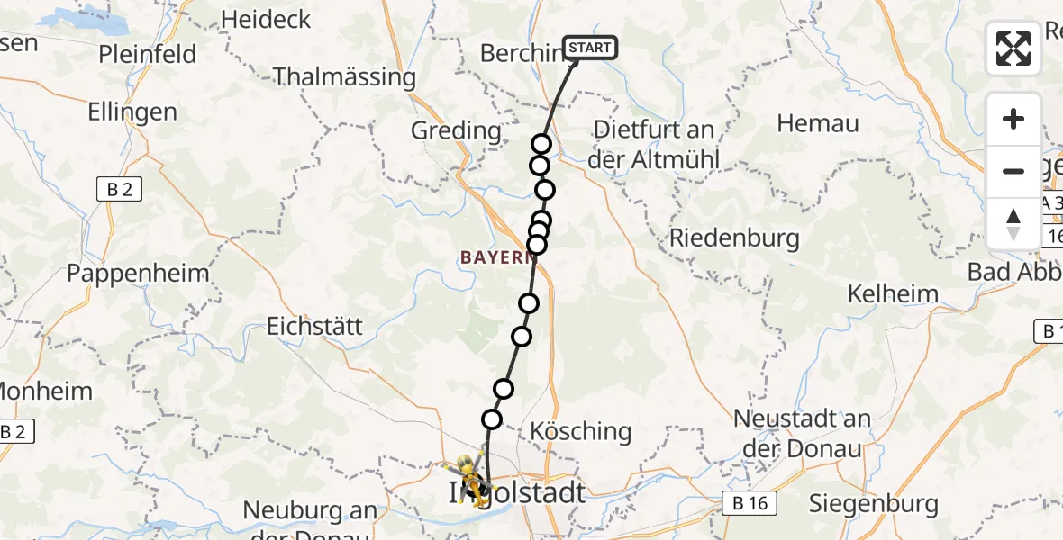 Flugroute Rettungshubschrauber Berching - Ingolstadt Hospital, 14 Juli 2026, 11:52