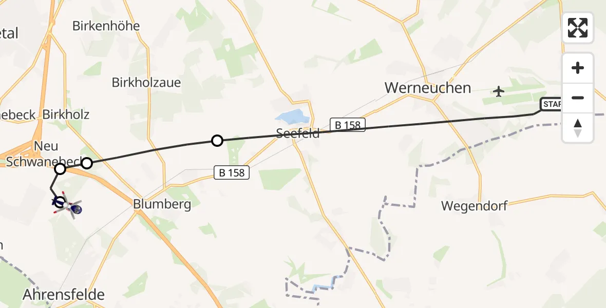 Flugroute Polizeihubschrauber Werneuchen - Ahrensfelde Hubschrauberlandeplatz, 14 Juli 2026, 11:55