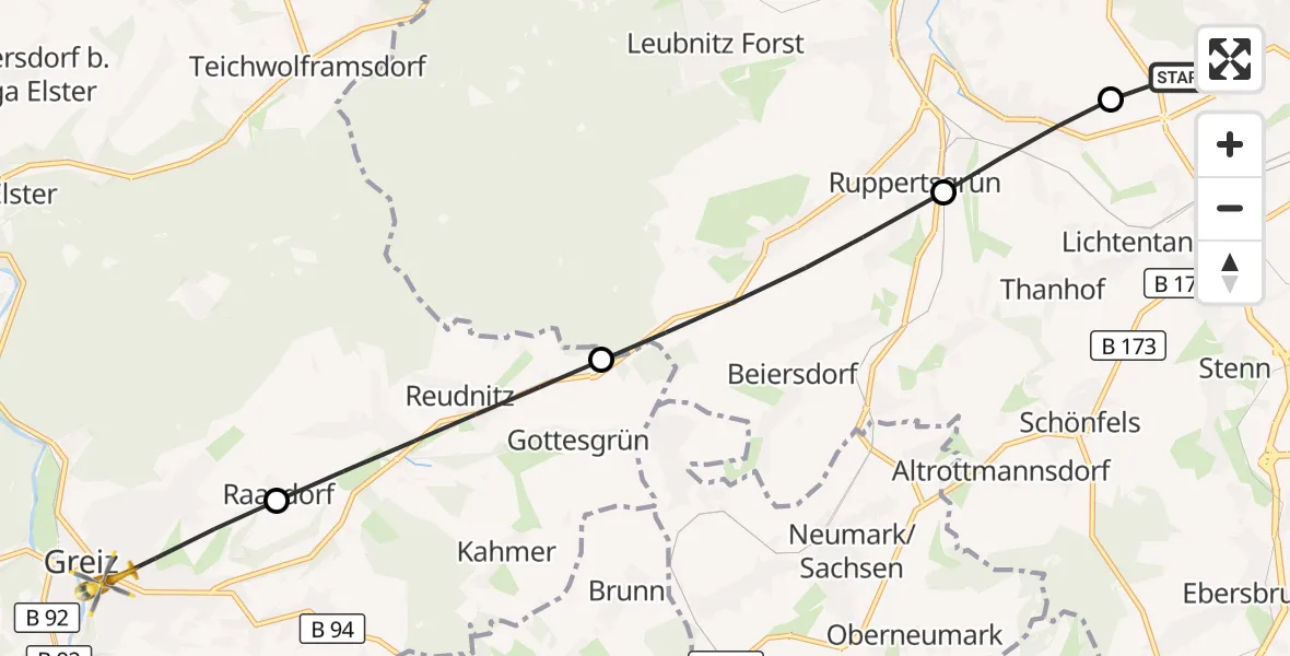 Flugroute Rettungshubschrauber ADAC Air Rescue Station Zwickau Hubschrauberlandeplatz - Greiz, 14 Juli 2026, 11:58
