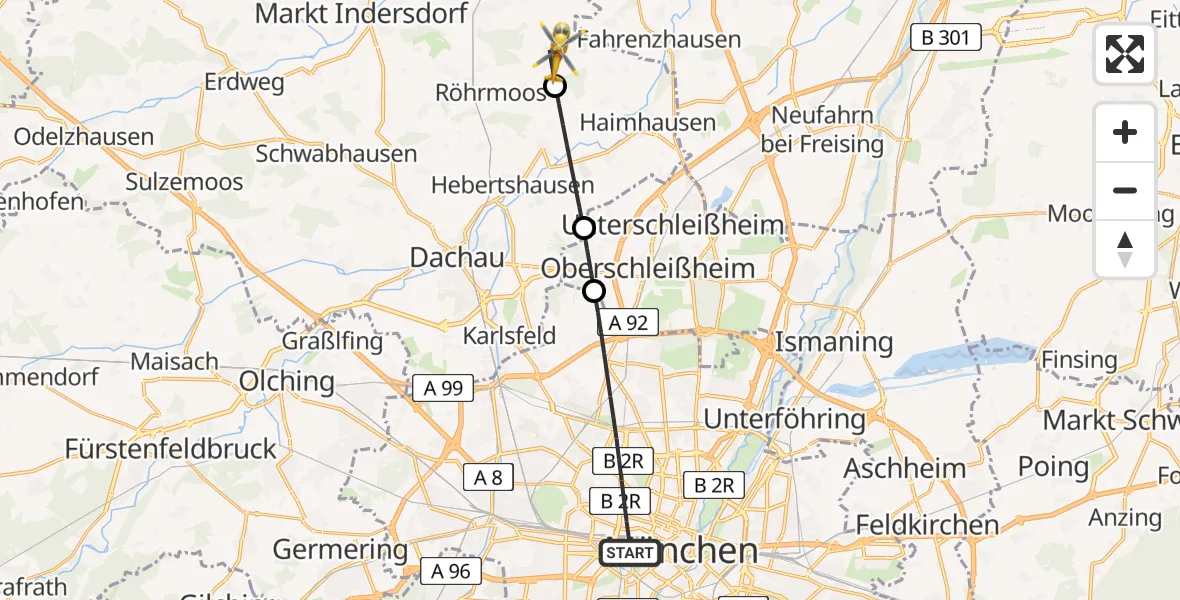 Flugroute Rettungshubschrauber München - Röhrmoos, 14 Juli 2026, 11:59