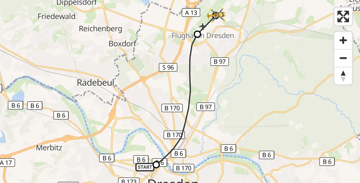 Flugroute Rettungshubschrauber Dresden Friedrichstadt Hospital - Dresden Bundespolizei Hubschrauberlandeplatz, 14 Juli 2026, 12:00