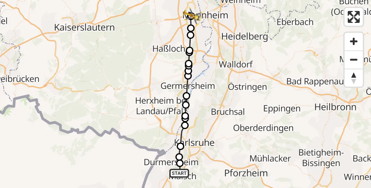Flugroute Ambulanzhubschrauber Malsch - Ludwigshafen Accident Hospital, 14 Juli 2026, 12:03