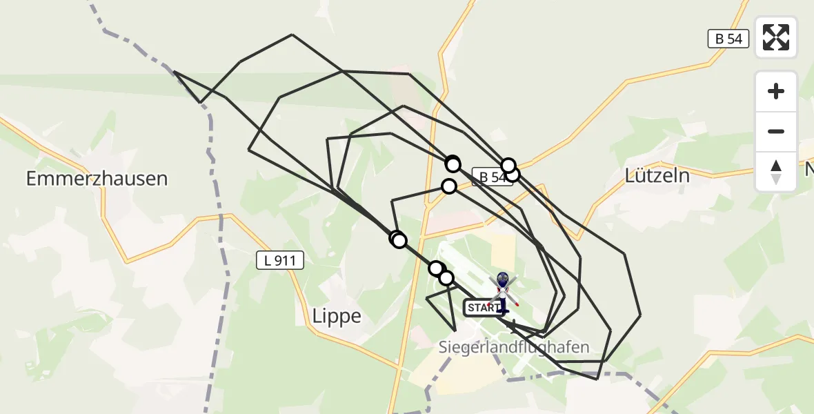 Flugroute Polizeihubschrauber Siegerland Flughafen - Siegerland Flughafen, 14 Juli 2026, 12:05