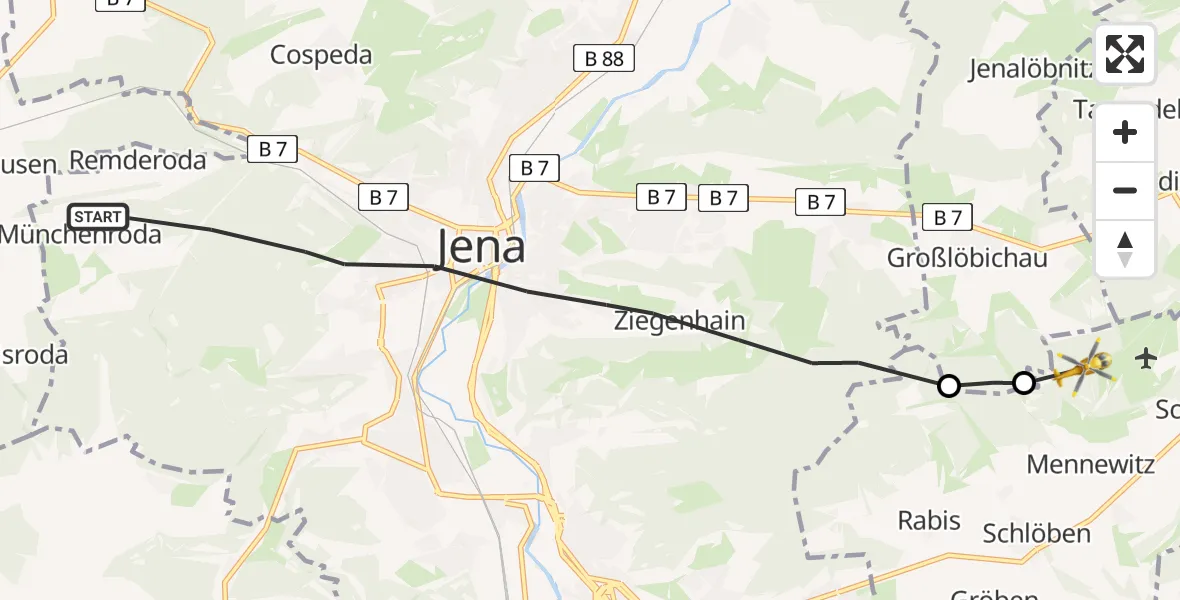 Flugroute Rettungshubschrauber Jena - Schlöben, 14 Juli 2026, 12:08