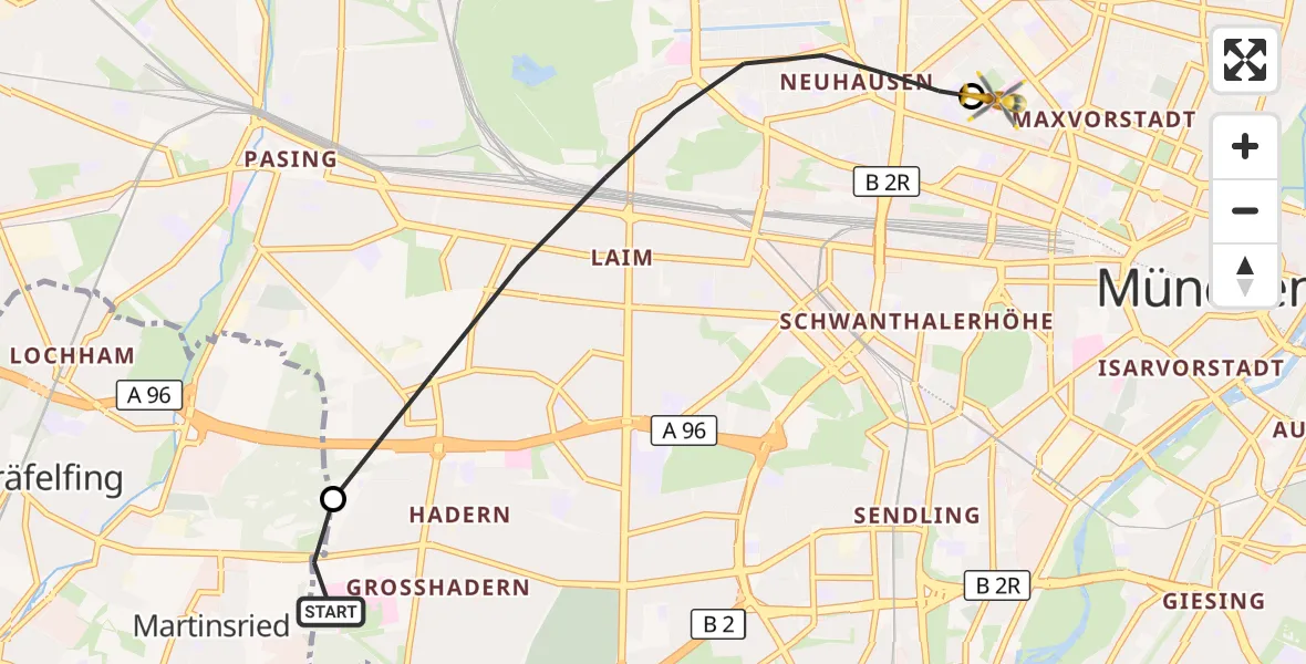 Flugroute Rettungshubschrauber DRF Air Rescue München Hubschrauberlandeplatz - Deutsches Herzzentrum München, 14 Juli 2026, 12:14