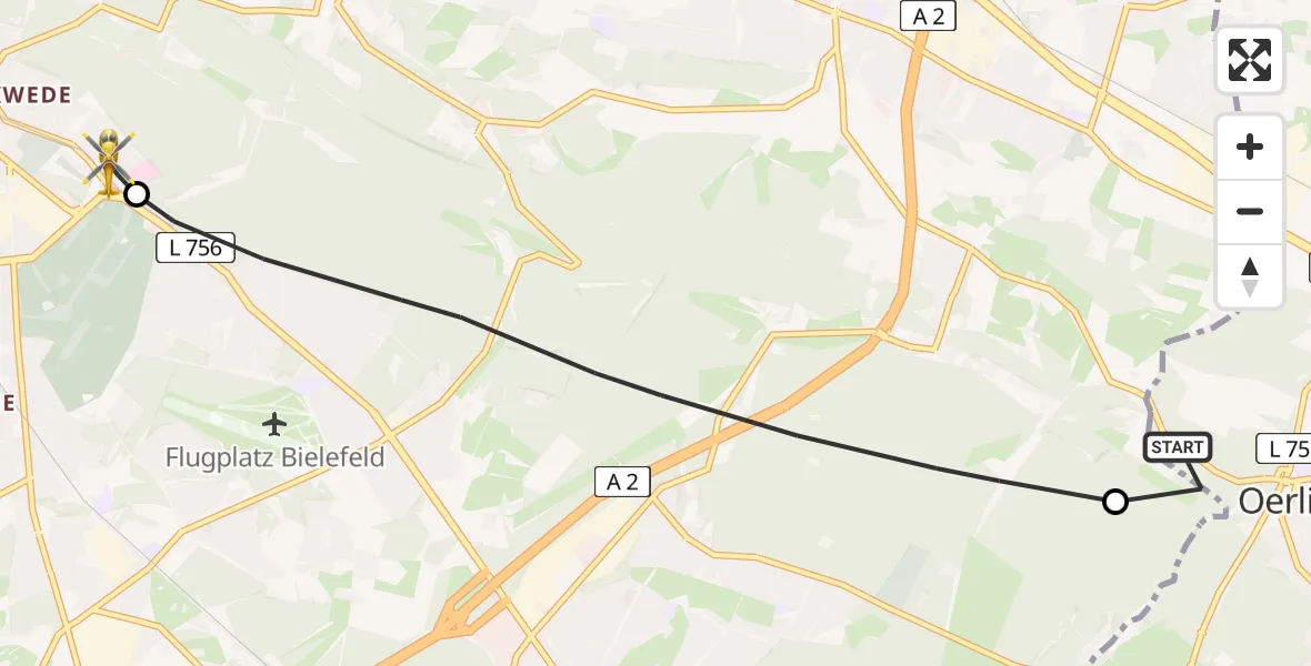 Flugroute Rettungshubschrauber Oerlinghausen - Luftrettungszentrum Bielefeld, 14 Juli 2026, 12:17